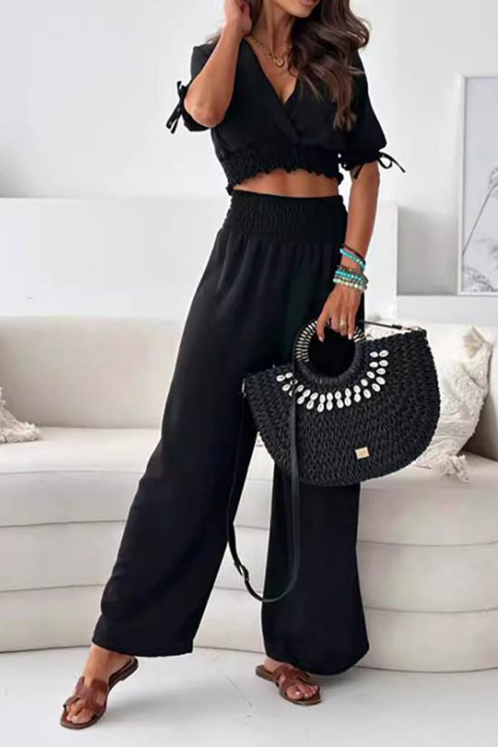 Surplice Short Sleeve Top and Pants Set Trendsi