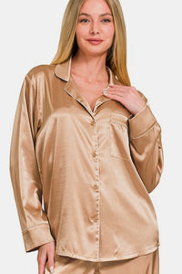 Zenana Satin Long Sleeve Shirt and Pants Pajama Set Trendsi