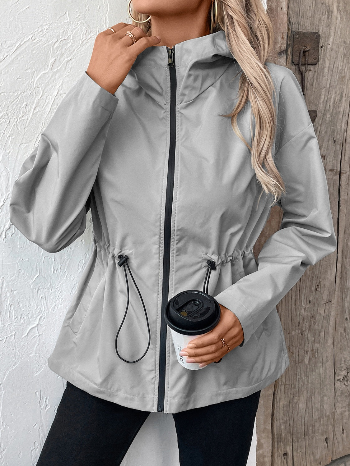 Drawstring Zip Up Hooded Jacket Trendsi