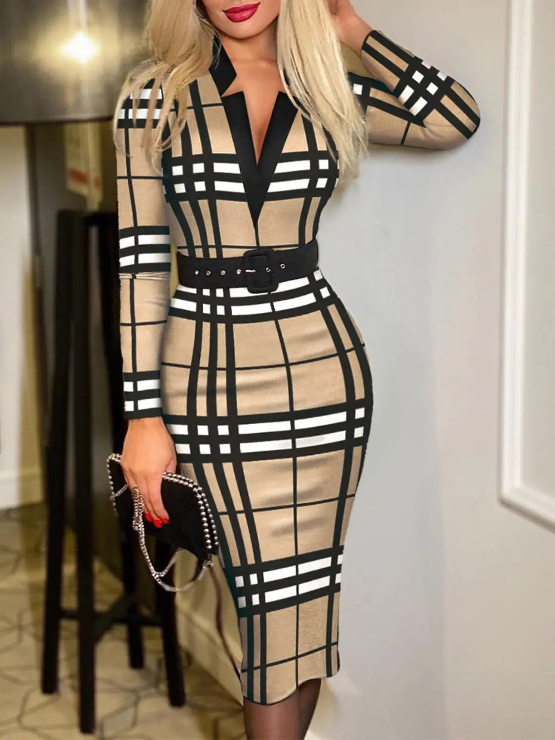 Printed Notched Long Sleeve Wrap Dress Trendsi