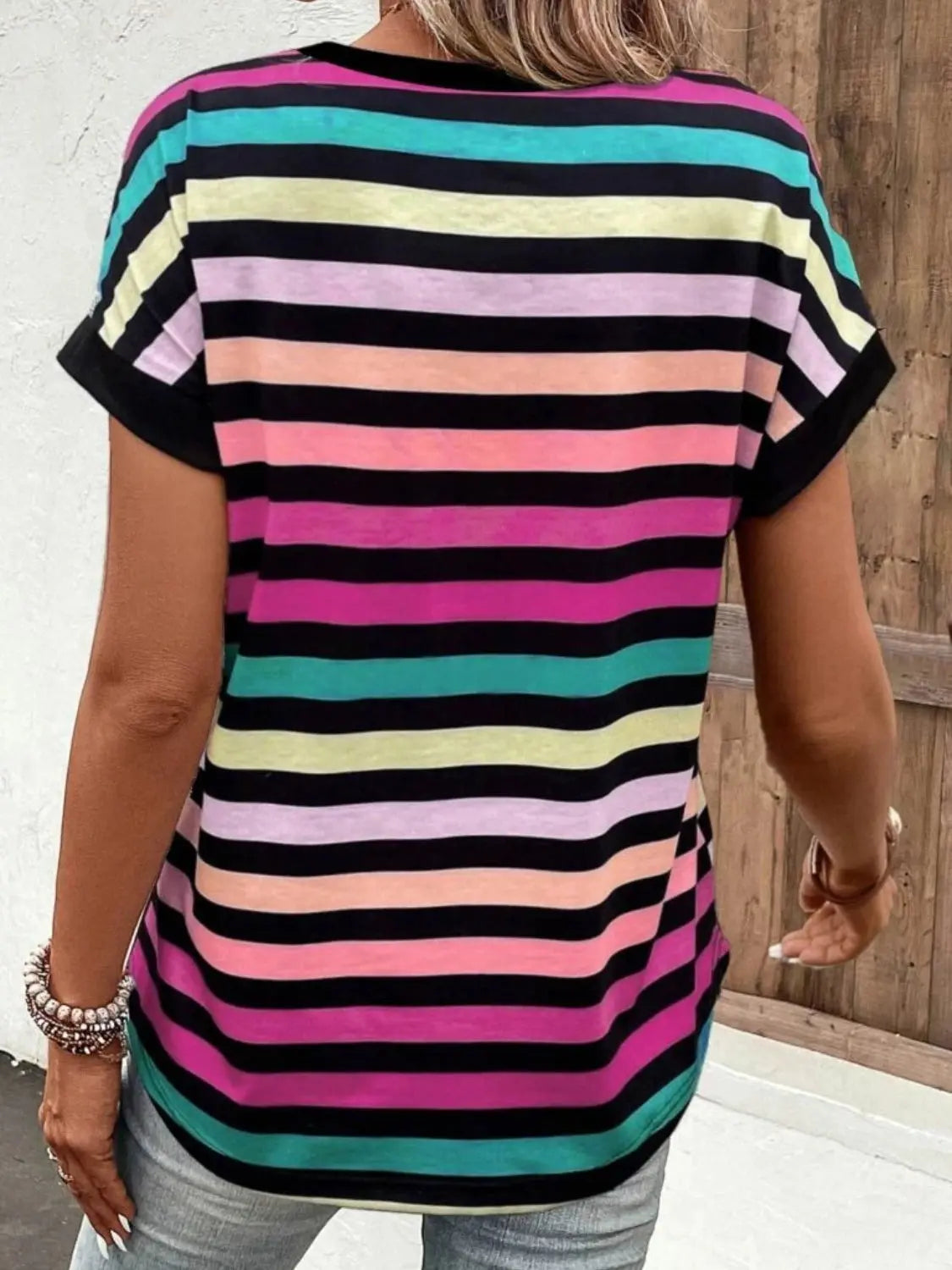 Striped V-Neck Short Sleeve T-Shirt Trendsi