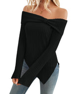 Women's Trendy Knit Ribbed Tops Bow Tie One Shoulder Long Sleeve Sweater Slim Cute Split Shirts Dressy Tops Cjdropshipping