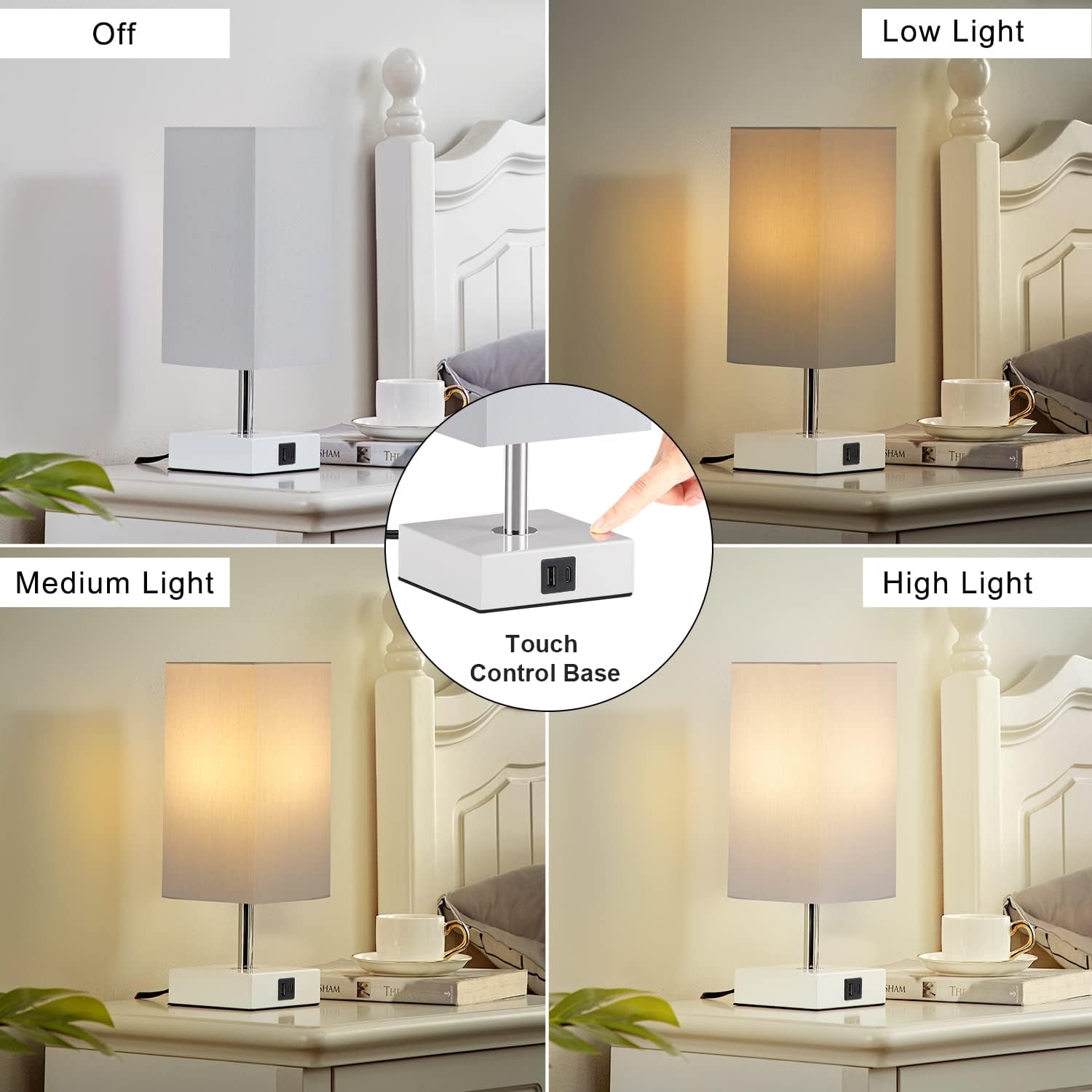 Touch besides Grey Table Lamp with USB Ports - 3 Way Touch Lamps beside Desk, Nightstand Lamp for Bedrooms Living Room, LED Bulb Included(Grey Lampshade)