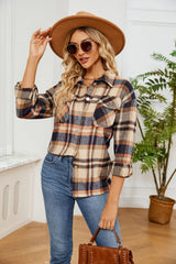 Button Down Collared Plaid Shacket Trendsi