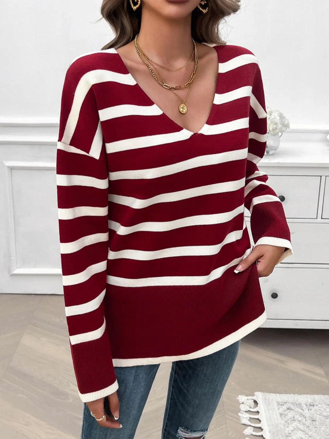 Striped V-Neck Long Sleeve Knit Top Trendsi