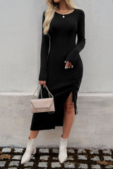 Drawstring Round Neck Long Sleeve Midi Dress Trendsi