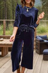 Velvet Round Neck Long Sleeve Top and Drawstring Pants Lounge Set Trendsi