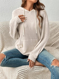 Fashion Drawstring Long-sleeved Hooded Sweatshirt With Pockets Solid Sunken Stripe Hoodie Knitwear Womens Clothing InSpaceX Fashion