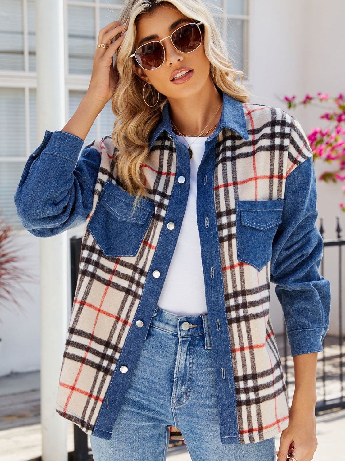 Plaid Long Sleeve Denim Jacket Trendsi