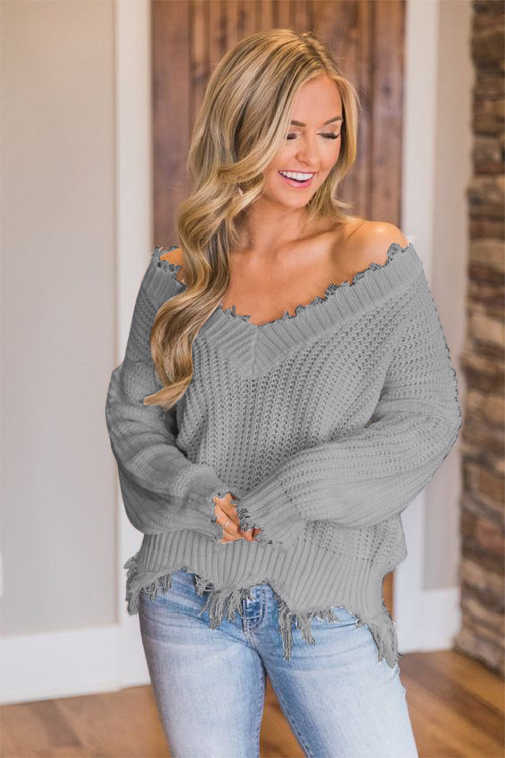 Frayed Hem Dropped Shoulder Sweater Trendsi