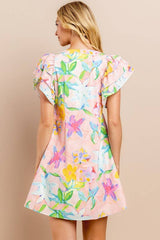 Floral Printed Dress in Blush | V Neckline Button Down Mini Dress