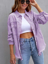 Distressed Drop Shoulder Denim Jacket Trendsi