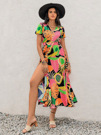 Tropical Print V-Neck Short Sleeve Midi Dress