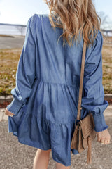 Tiered Johnny Collar Long Sleeve Denim Dress Trendsi