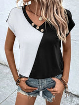 Contrast V-Neck Short Sleeve T-Shirt Trendsi