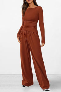 Round Neck Long Sleeve Top and Pants Set Trendsi