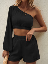 Honey One Shoulder Long Sleeve Top and Shorts Set Trendsi