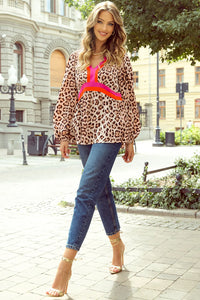 Leopard V-Neck Balloon Sleeve Blouse Trendsi