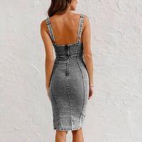 New U-neck Suspender Denim Dress Summer Casual Tight Slim Fit Dresses With Slit Design Womens Clothing InSpaceX Fashion