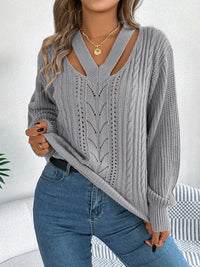 Cutout V-Neck Long Sleeve Sweater Trendsi