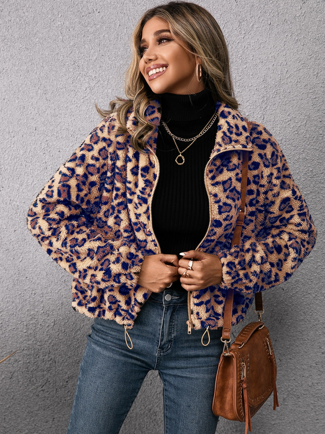 Ivy Lane Drawstring Leopard Zip Up Jacket Trendsi