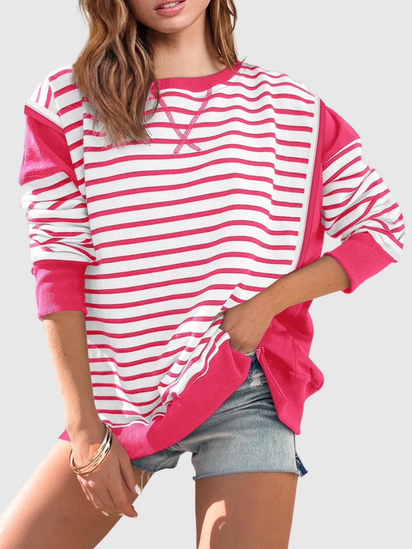 Slit Exposed Seam Striped Long Sleeve Sweatshirt Trendsi