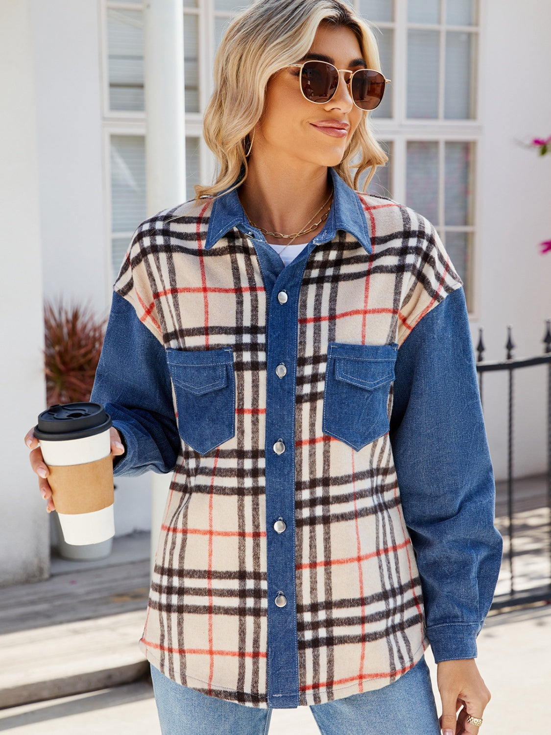 Plaid Long Sleeve Denim Jacket Trendsi