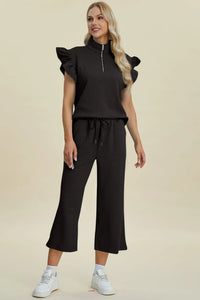 Double Take Full Size Texture Ruffle Short Sleeve Top and Wide Leg Pants Set Trendsi