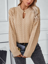 Cable-Knit Notched Long Sleeve Sweater Trendsi