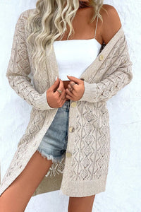 Openwork Button Down Long Sleeve Cardigan Trendsi