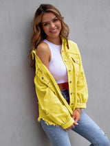 Distressed Drop Shoulder Denim Jacket Trendsi