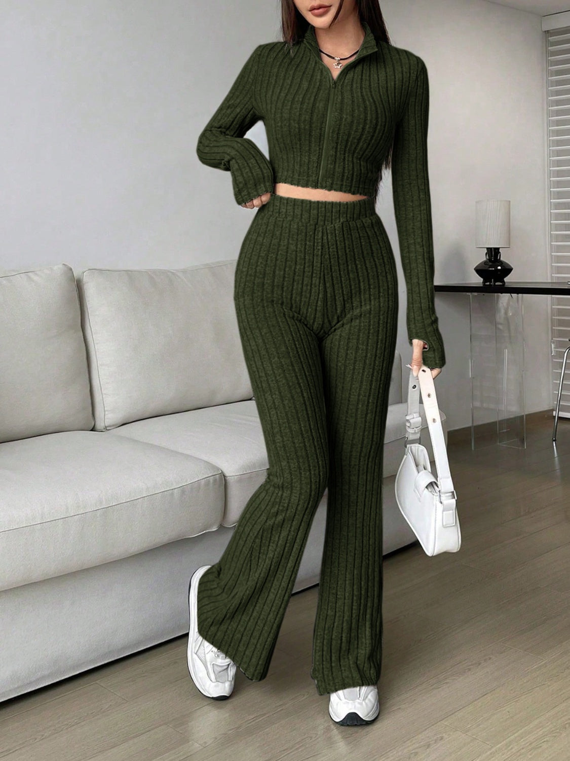 Zip Up Long Sleeve Top and Pants Set Trendsi