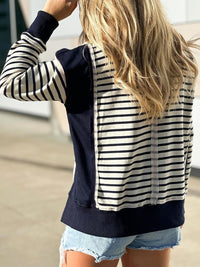 Slit Exposed Seam Striped Long Sleeve Sweatshirt Trendsi