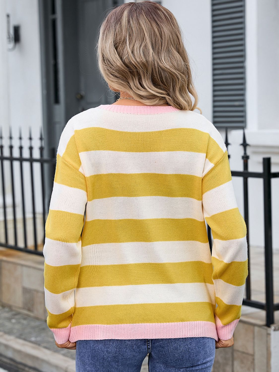 Striped Round Neck Dropped Shoulder Sweater Trendsi