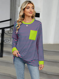 Pocketed Striped Round Neck Long Sleeve T-Shirt Trendsi