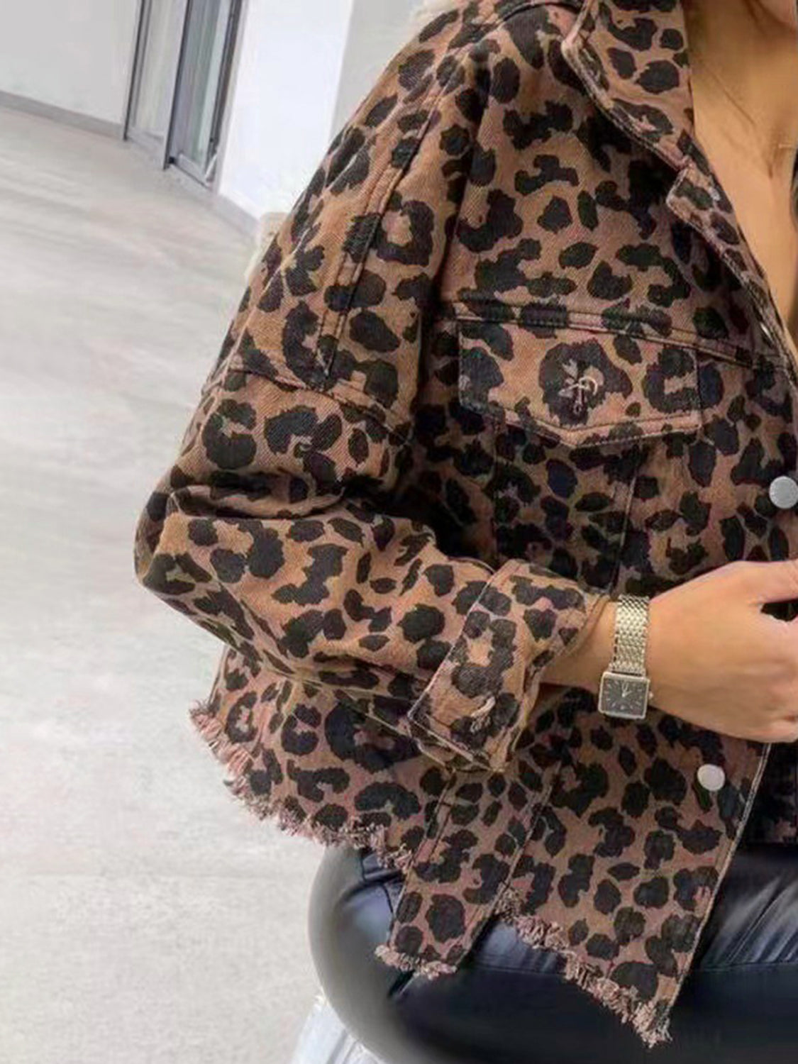 Raw Hem Leopard Collared Neck Denim Jacket Trendsi