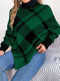 Plaid Turtleneck Batwing Sleeve Sweater Trendsi