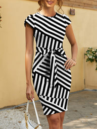 FAM-FAM Tied Striped Round Neck Cap Sleeve Dress Trendsi