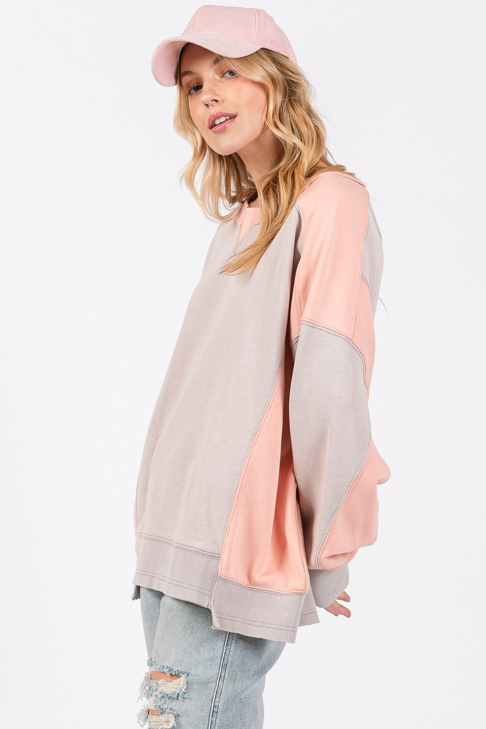 SAGE + FIG Color Block Round Neck Sweatshirt Trendsi