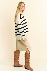 Davi & Dani High-Low Side Slit Striped Johnny Collar Sweater Trendsi