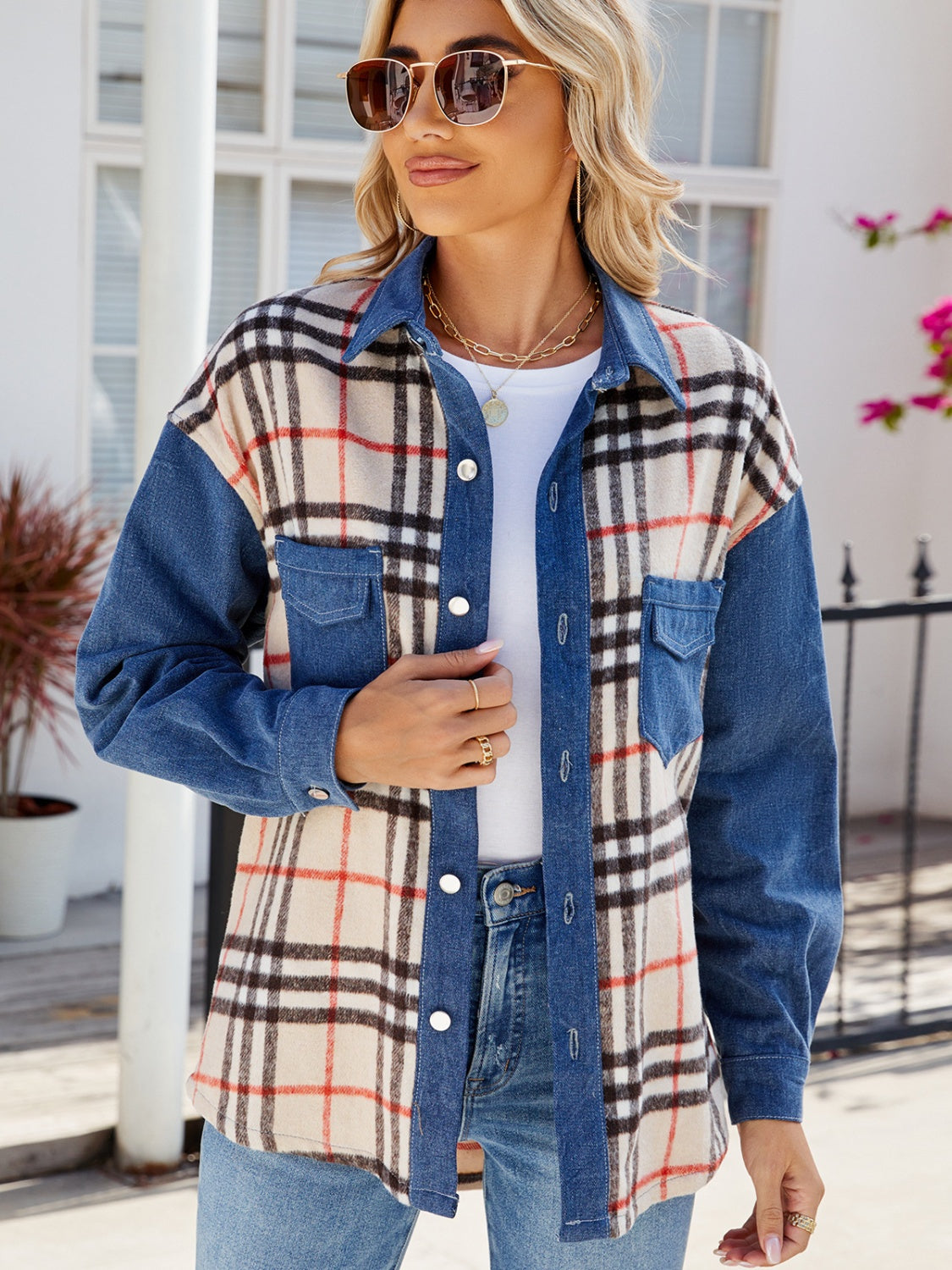 Plaid Long Sleeve Denim Jacket Trendsi