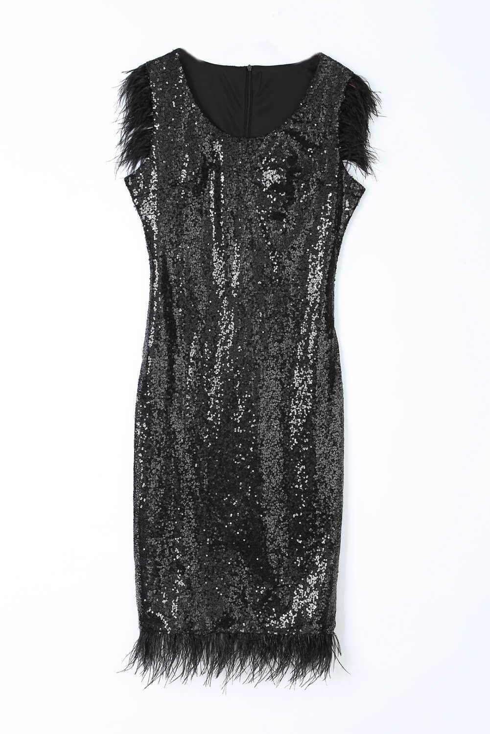 Elegant Sequined Feather Little Black Dress Jade