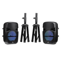 PBX-808TWS TWO 8 INCH PORTABLE PA SPEAKER SYSTEMS with 2 SPEAKERS, 2 SPEAKER STANDS, 2 WIRED MICROPHONES and 2 REMOTES