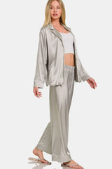 Zenana Satin Long Sleeve Shirt and Pants Pajama Set Trendsi