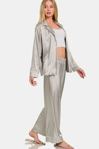 Zenana Satin Long Sleeve Shirt and Pants Pajama Set Trendsi