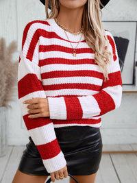 Striped Round Neck Long Sleeve Sweater Trendsi