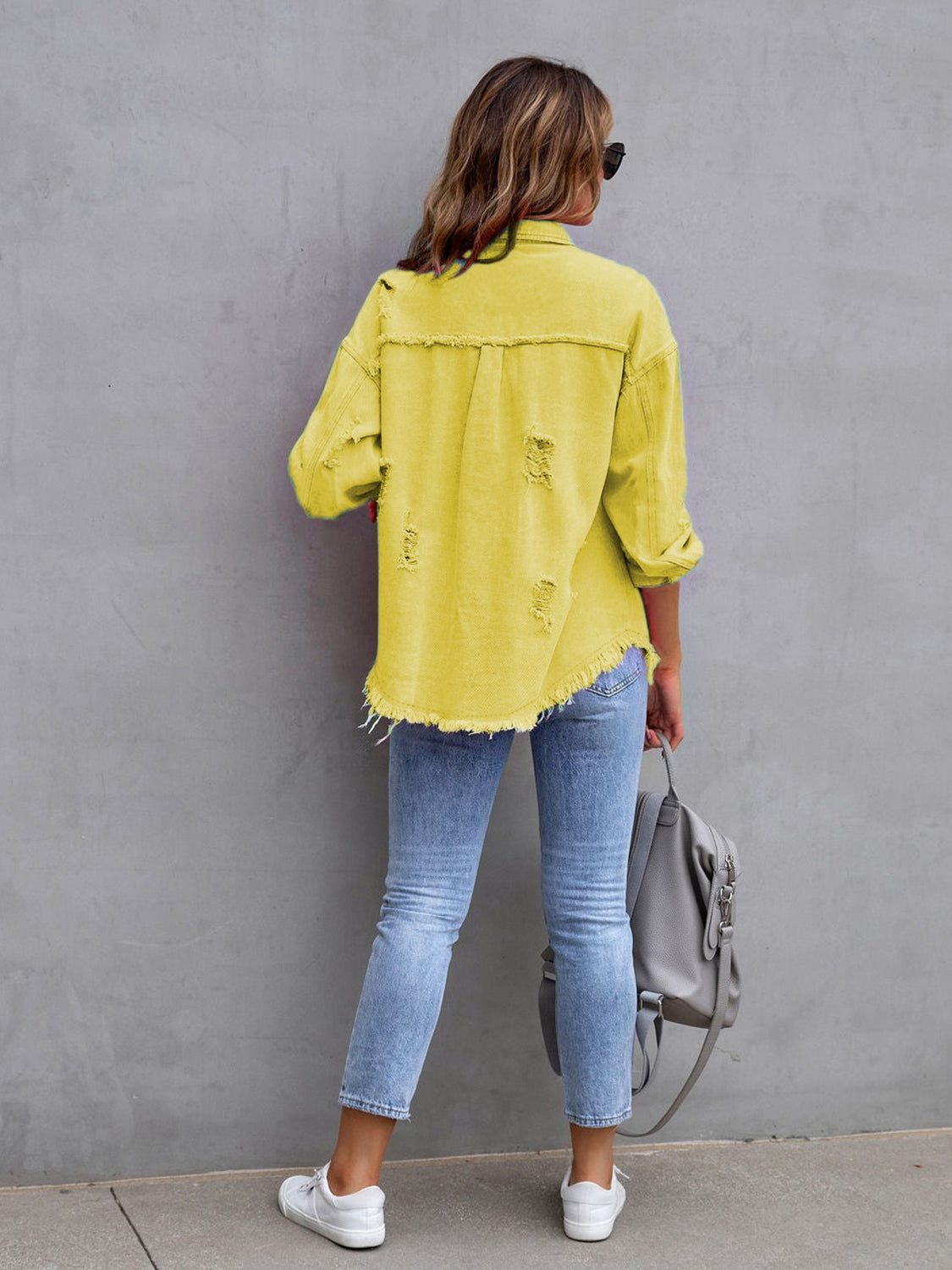 Distressed Drop Shoulder Denim Jacket Trendsi