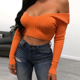 Cotton black short crop top Women autumn v neck off shoulder Jade