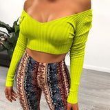 Cotton black short crop top Women autumn v neck off shoulder Jade