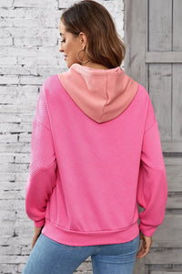 Drawstring Color Block Long Sleeve Hoodie Trendsi